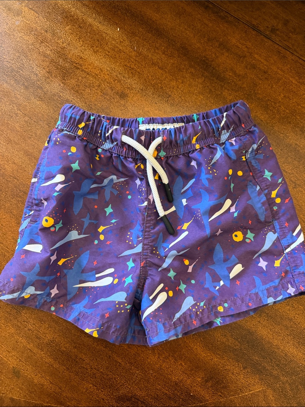 Kids Purple Patterned Swim Trunks with Elastic Waist and Drawstring